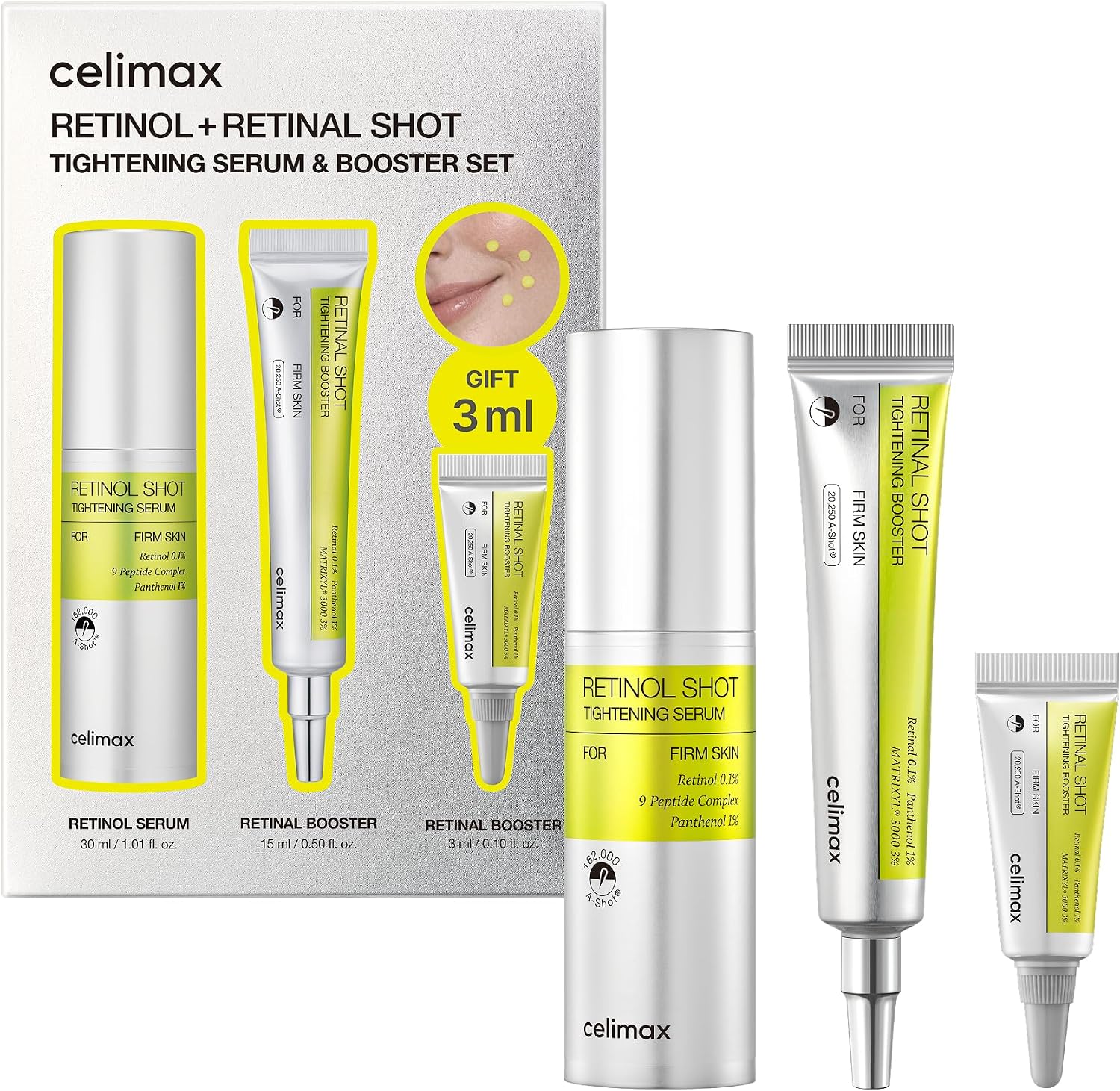Conjunto Celimax com embalagem, sérum 30 ml, booster 15 ml e mini 3 ml
