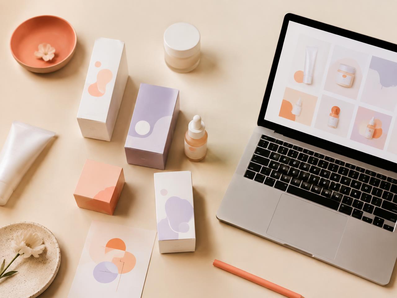Embalagens de skincare e um portátil com uma loja online sobre fundo creme