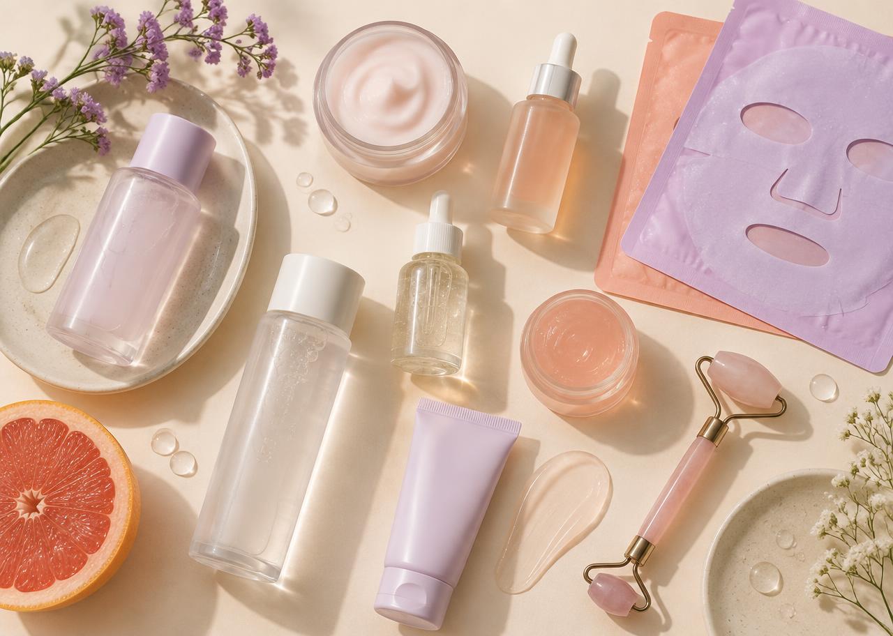 Composição de produtos de K-Beauty em tons pastel sobre fundo creme
